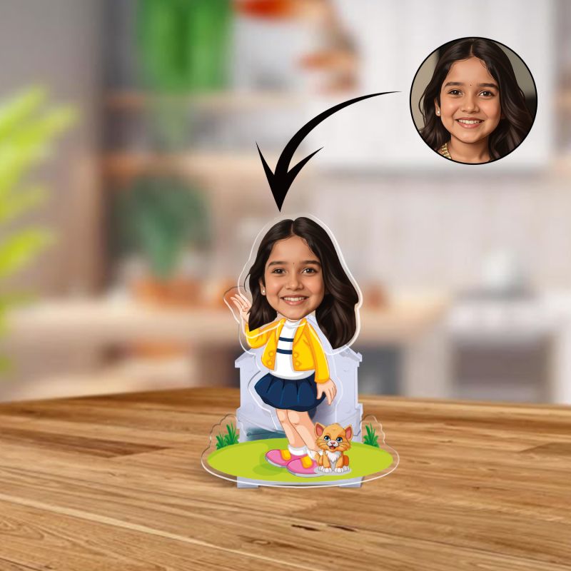 Personalized Cartoon Theme Funny Face Caricature Birthday Return Gift for Kids, Girls & Boys Solar Powered Moving Head for Car Dashboard & Table Decor (Girl with Cat)